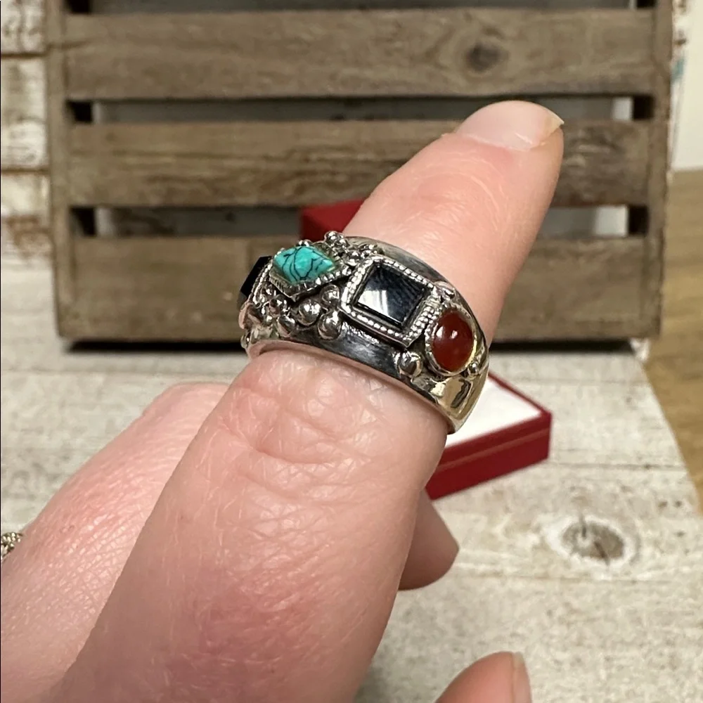 MARSALA signed 925 great shape turquoise onyx coral sterling silver ring size 7 - Picture 3 of 6
